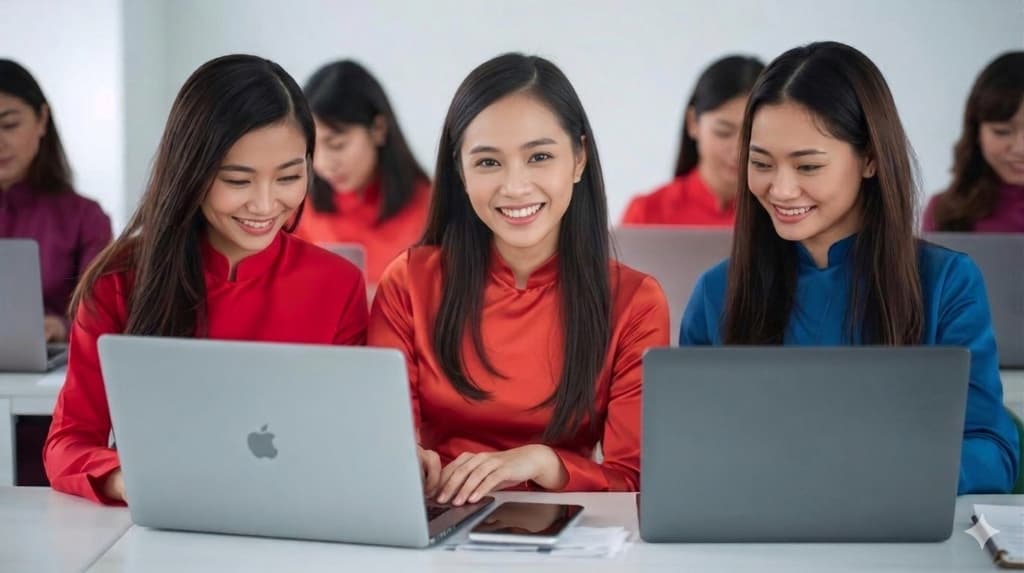 Nhóm giáo viên đang sử dụng laptop